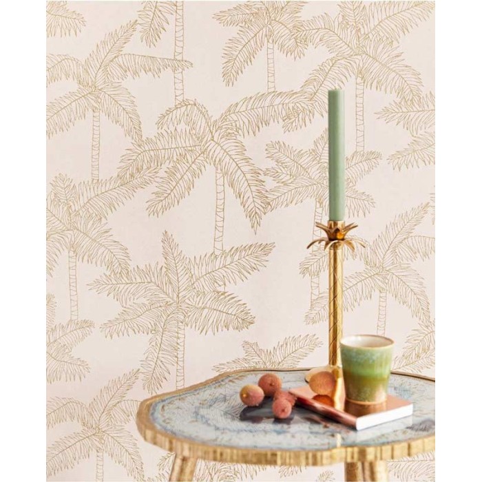 Papeldecor|Premium-Tapete Pastellrosa mit goldenen Palmen im Metallic-Look|Tapeten