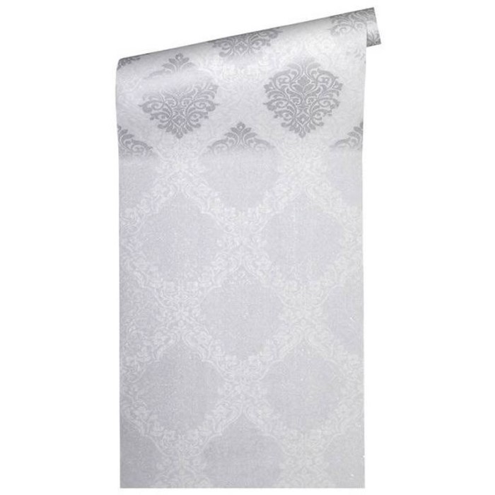 Architects Paper|apel pintado damasco plateado y blanco con un elegante acabado metalizado|Papel Pintado