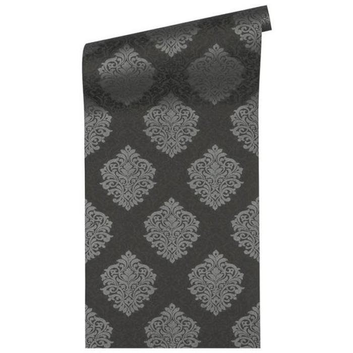 Architects Paper|Damask wallpaper in black and silver metallic, pure elegance|Wallpaper