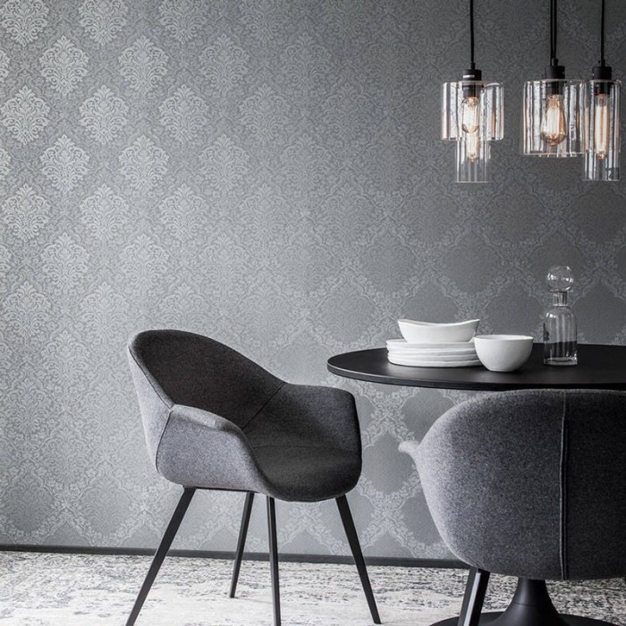 Papeldecor|Papel pintado damasco gris metalizado elegante|Papel Pintado