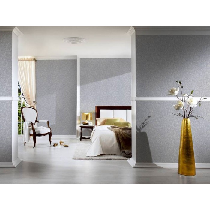 Versace|Ornamental wallpaper with metallic silver texture|Wallpaper
