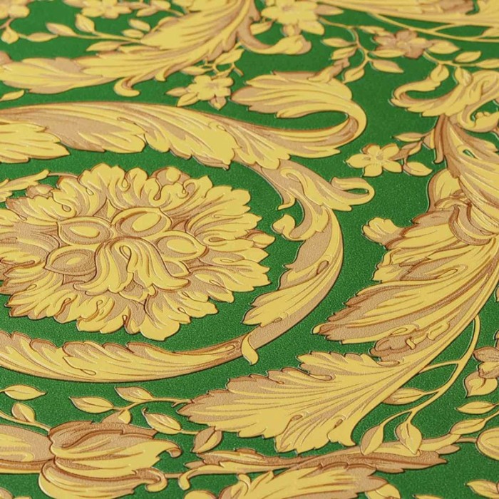 Versace|Ornamental wallpaper in green and gold metallic|Wallpaper