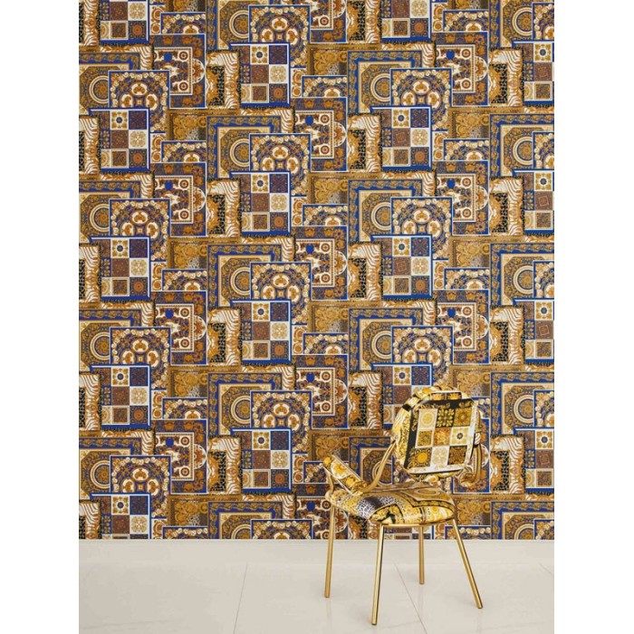 Versace|Papel pintado collage barroco clásico moderno azul y dorado|Papel Pintado