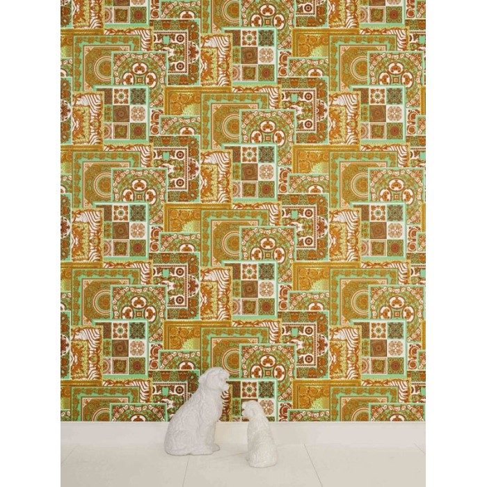 Versace|Papel pintado collage barroco clásico moderno verde y dorado|Papel Pintado