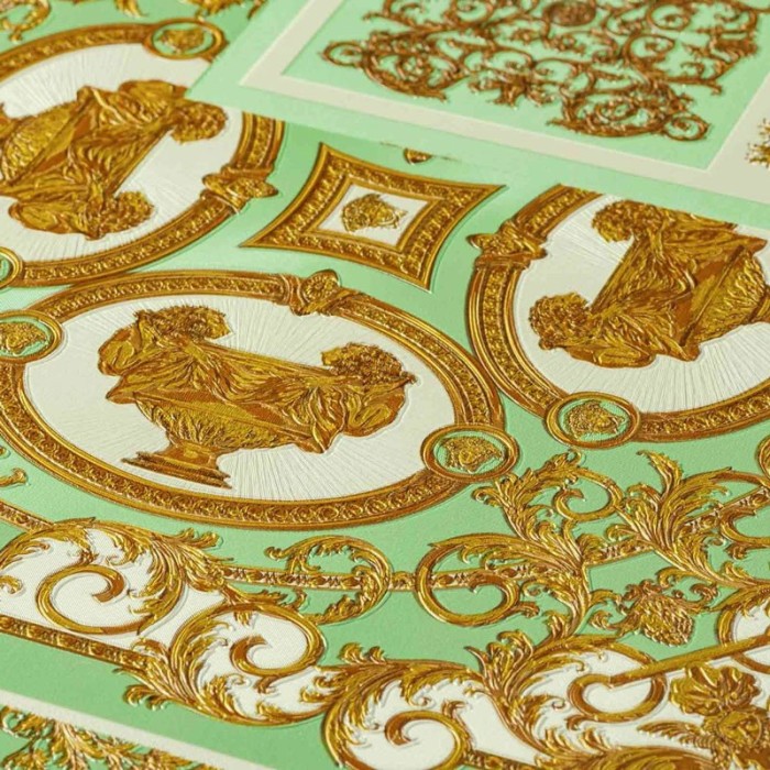 Versace|Papier peint collage baroque style classique moderne vert et or|Papier Peint