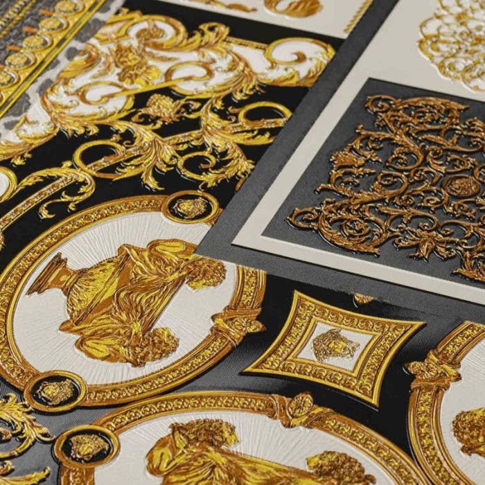 Versace|Barock Collage Tapete klassisch modern schwarz und gold|Tapeten