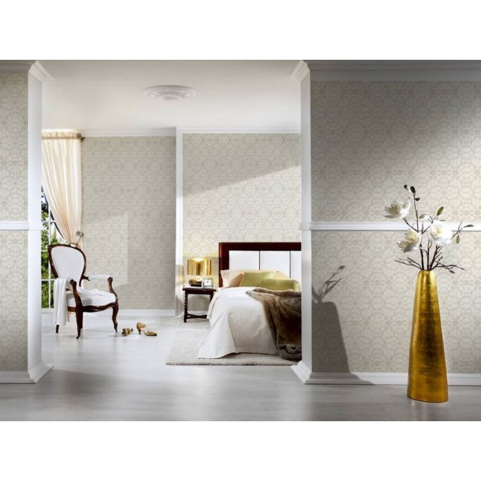 Versace|Baroque classic wallpaper with metallic circles in white|Wallpaper