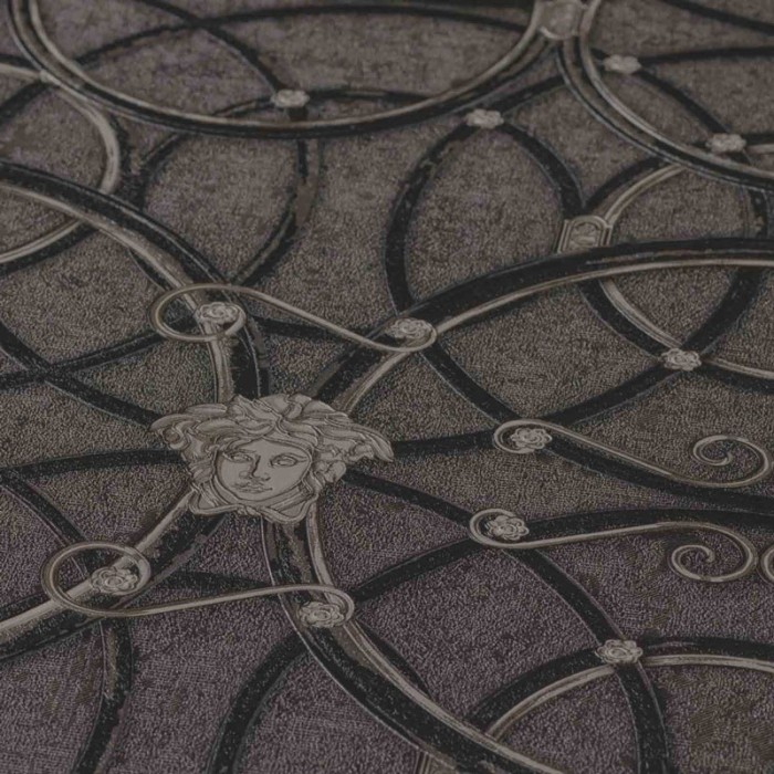 Versace|Baroque classic wallpaper with metallic circles in black and grey|Wallpaper