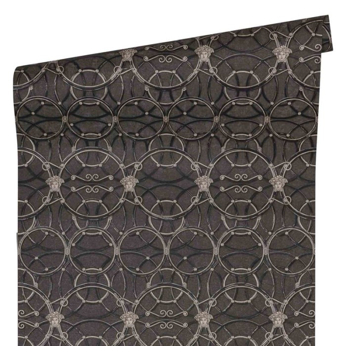 Versace|Baroque classic wallpaper with metallic circles in black and grey|Wallpaper