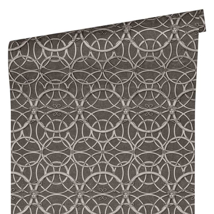 Versace|Baroque classic wallpaper with metallic circles in grey and silver|Wallpaper