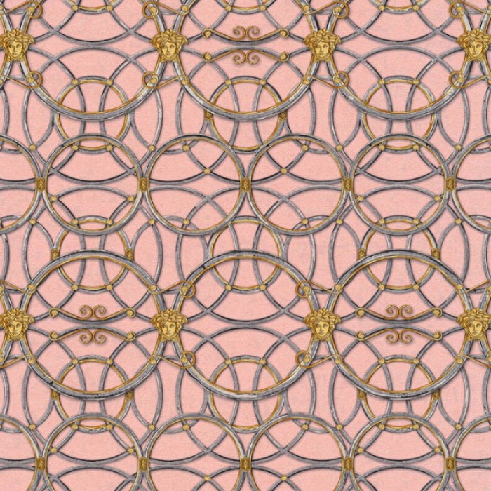 Versace|Papel pintado barroco clásico metalizado con círculos rosa y dorado|Papel Pintado