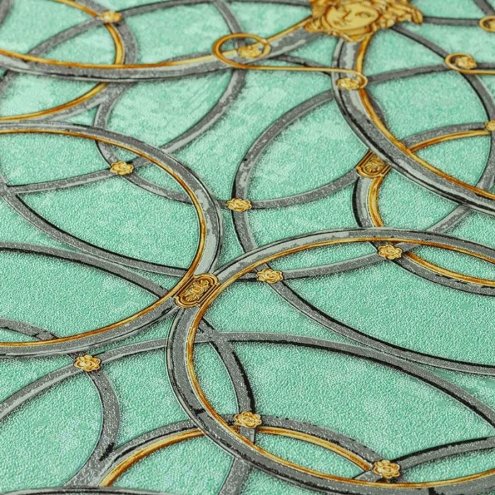 Versace|Papel pintado barroco clásico metalizado con círculos verdes y dorado|Papel Pintado