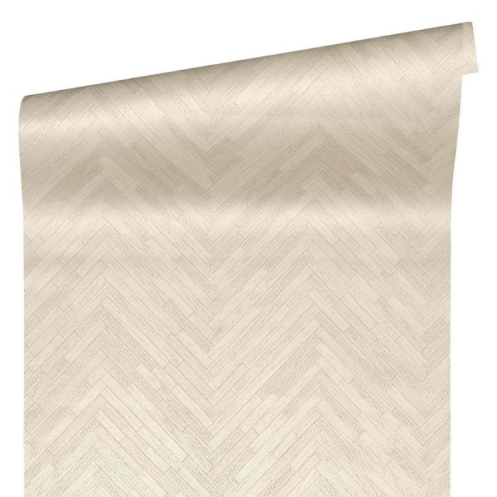 Versace|Carved wood wallpaper in herringbone beige cream|Wood Imitation