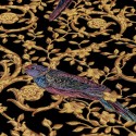 Versace|Papel pintado barroco clásico con pájaros negro y dorado|Papel Pintado