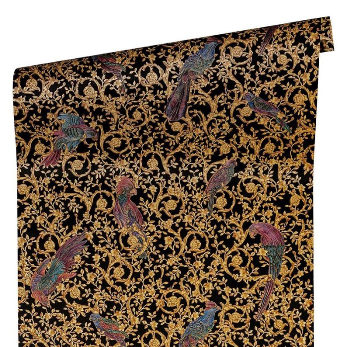 Versace|Baroque classic wallpaper with birds black and gold|Wallpaper