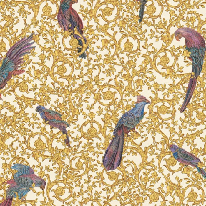 Versace|Papel pintado barroco clásico con pájaros dorado|Papel Pintado