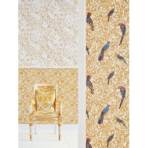 Versace|Papel pintado barroco clásico con pájaros negro y dorado|Papel Pintado 2