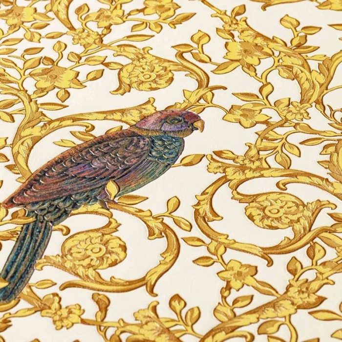 Versace|Papel pintado barroco clásico con pájaros dorado|Papel Pintado