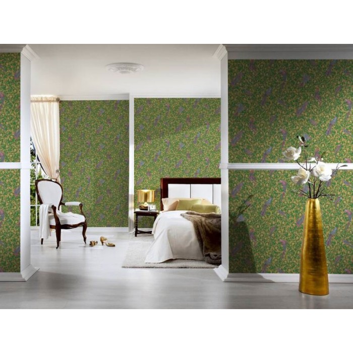 Versace|Barock klassische Tapete mit Vögeln grün und gold|Tapeten