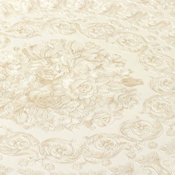 Versace|Papier peint baroque cercles floraux beige et blanc|Papier Peint