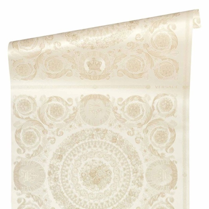 Versace|Papier peint baroque cercles floraux beige et blanc|Papier Peint