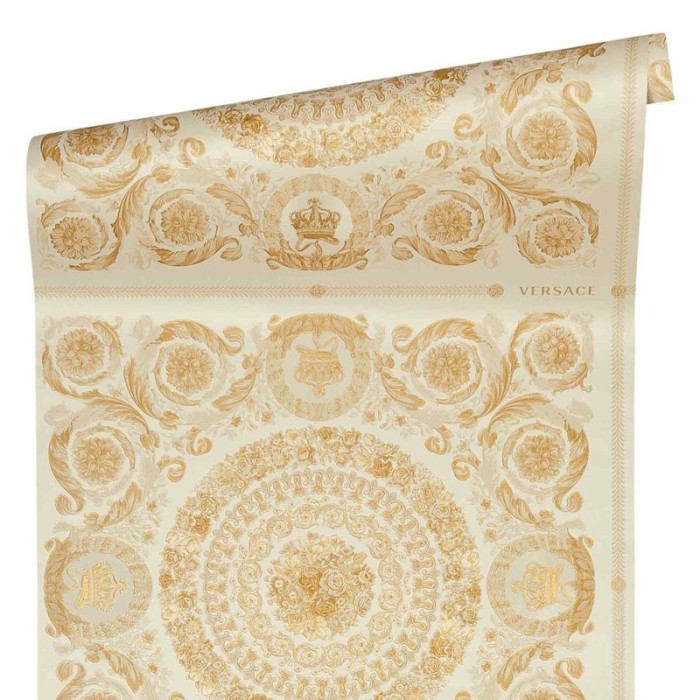 Versace|Baroque wallpaper with floral circles in beige and gold|Wallpaper