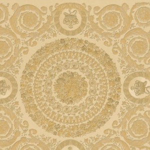 Versace|Baroque wallpaper with floral circles in gold and black|Wallpaper