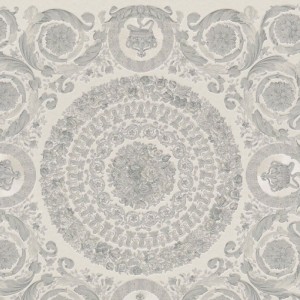 Versace|Baroque wallpaper with floral circles in gold and black|Wallpaper