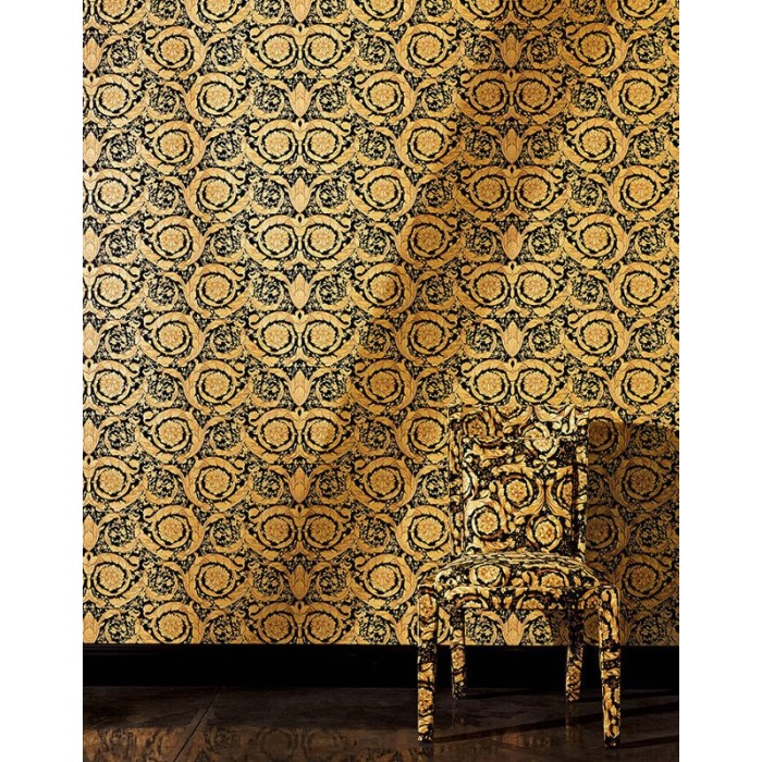 Versace|Classic ornamental wallpaper black and gold metallic|Wallpaper
