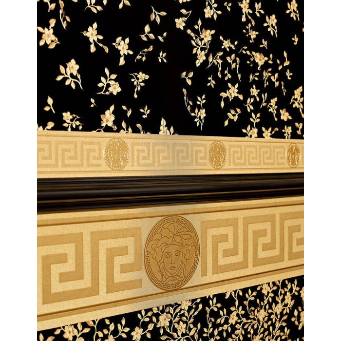 Versace|Tapete kleine Blumen schwarz und gold metallic|Tapeten