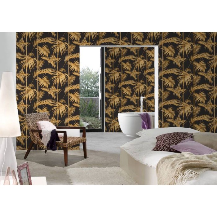 As Creation|Papier peint style tropical plantes bambou doré brillant|Papier Peint