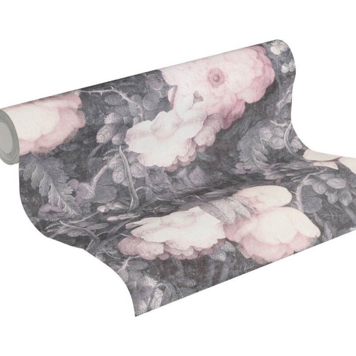 Papel Pintado flores grandes estilo vintage grises y rosa - As Creation Metropolitan Stories 369212