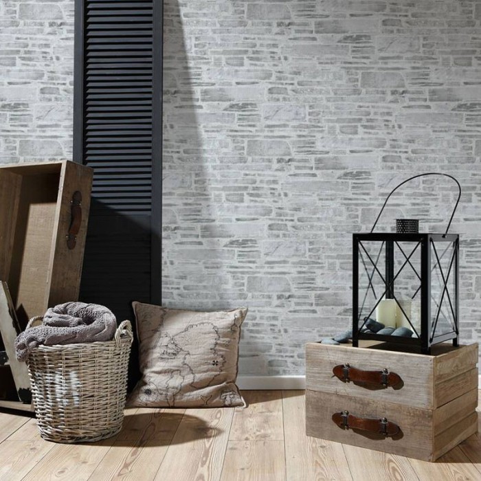 Papel Pintado rústico imitación piedra gris claro -  219-1797