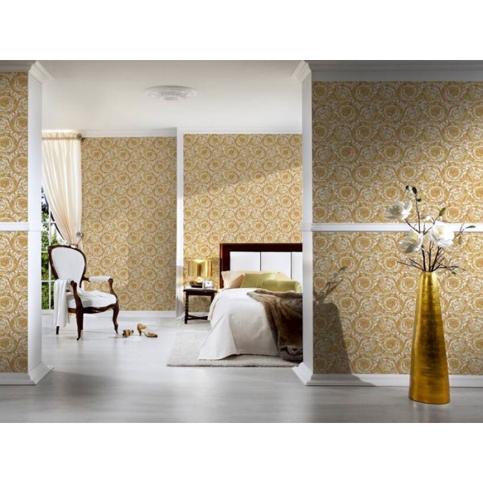 Papeldecor|Ornamental wallpaper with white and gold metallic texture|Wallpaper