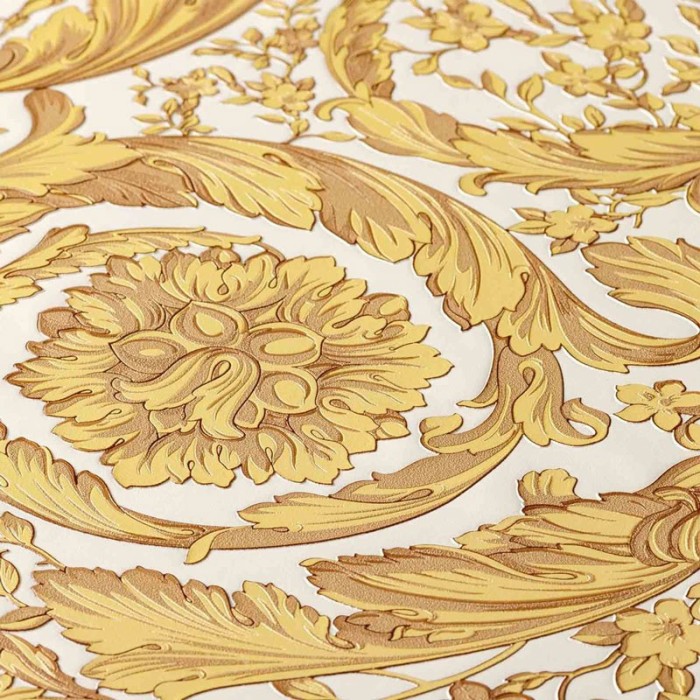 Papeldecor|Ornamenttapete mit Struktur in Weiß und Gold metallisiert|Tapeten