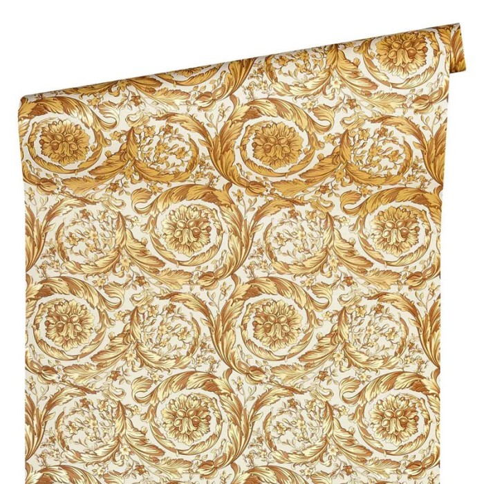 Papel pintado ornamental con téxtura metalizado blanco dorado -  219-1846