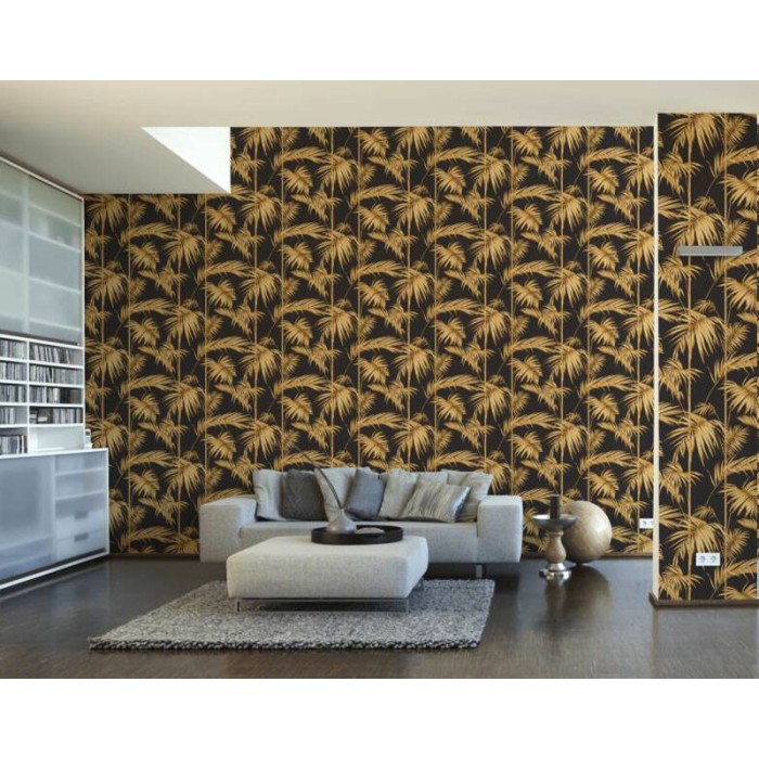 Papeldecor|Papier Peint tropical plantes bambou doré brillant|Papier Peint