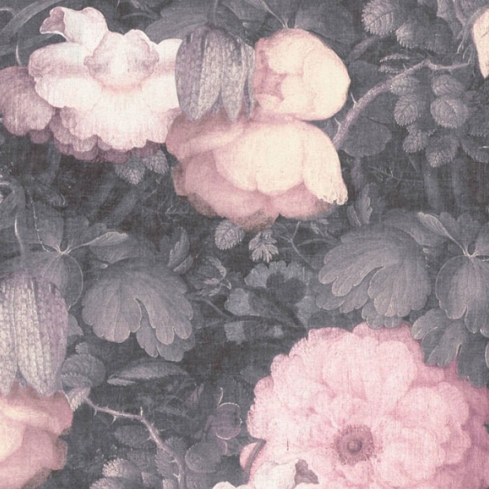 Papeldecor|Papel Pintado flores grandes vintage grises y rosa|Papel Pintado