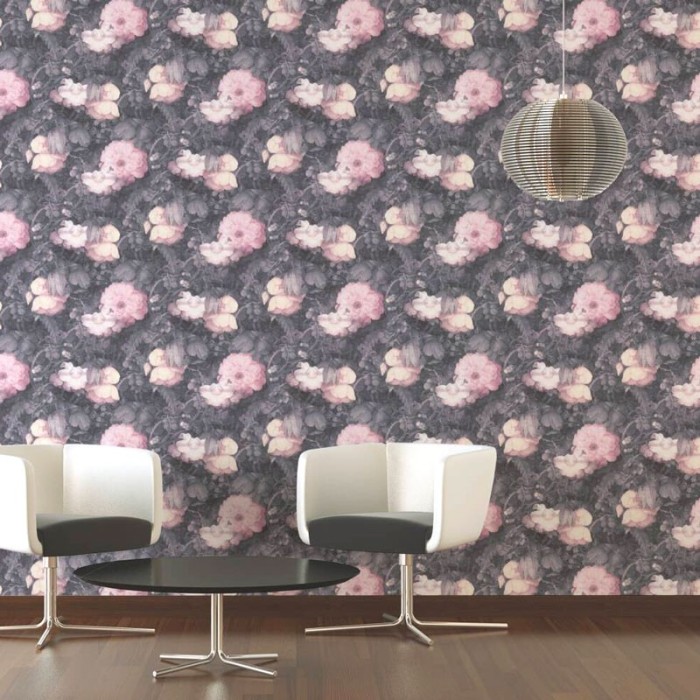 Papeldecor|Papier Peint grandes fleurs vintage grises et roses|Papier Peint