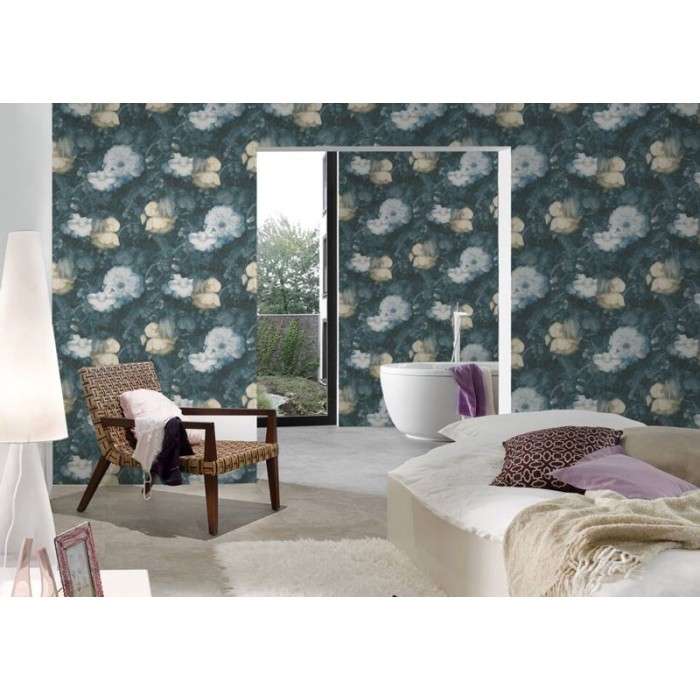 Papeldecor|Vintage floral Wallpaper with blue silk effect|Wallpaper