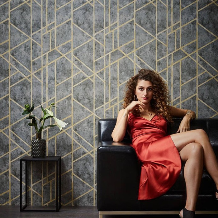 Papeldecor|Tapete geometrisch mit Beton-Effekt in Grau und Gold|Tapeten