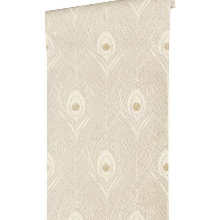 Papeldecor|Papier peint plumes de paon élégant beige avec brillance|Papier Peint