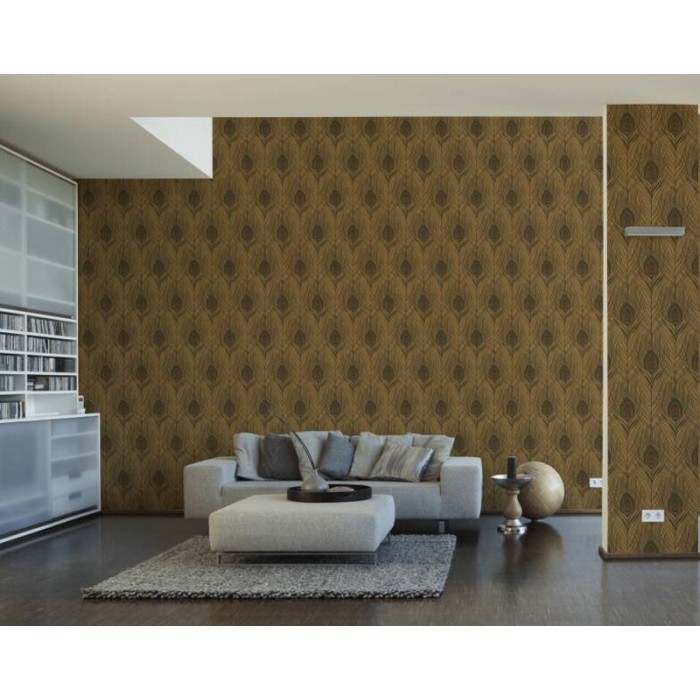 Papeldecor|Tapete Moderner Ethnostil Pfauenfedern Braun-Schwarz|Lederimitat