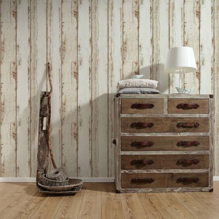 Papeldecor|Papel Pintado tablónes madera blanco crema|Imitacion Madera