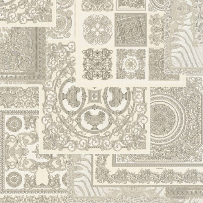 Papeldecor|Papel pintado collage barroco estilo clásico moderno plateado|Papel Pintado