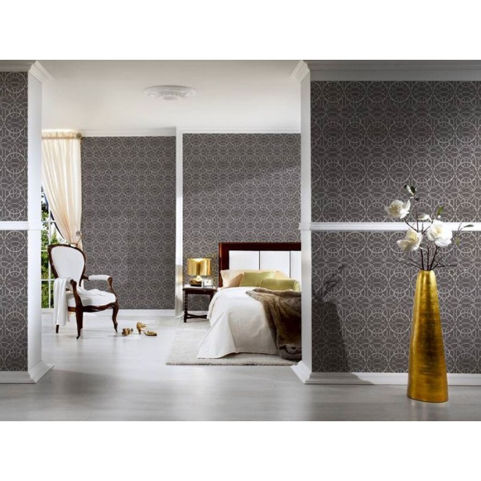 Papeldecor|Papel pintado metalizado círculos estilo clásico barroco gris y plateado|Papel Pintado