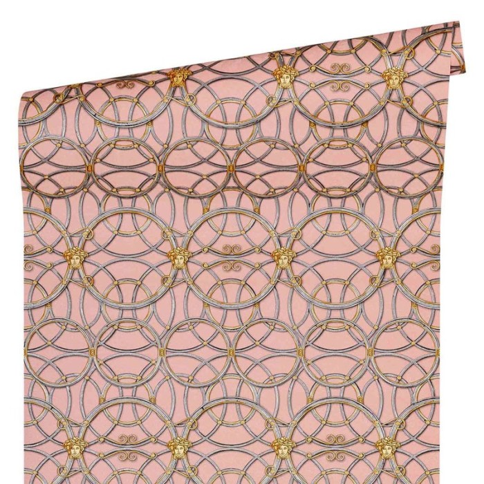 Papeldecor|Metallic circles wallpaper in classic baroque style, pink and gold|Wallpaper