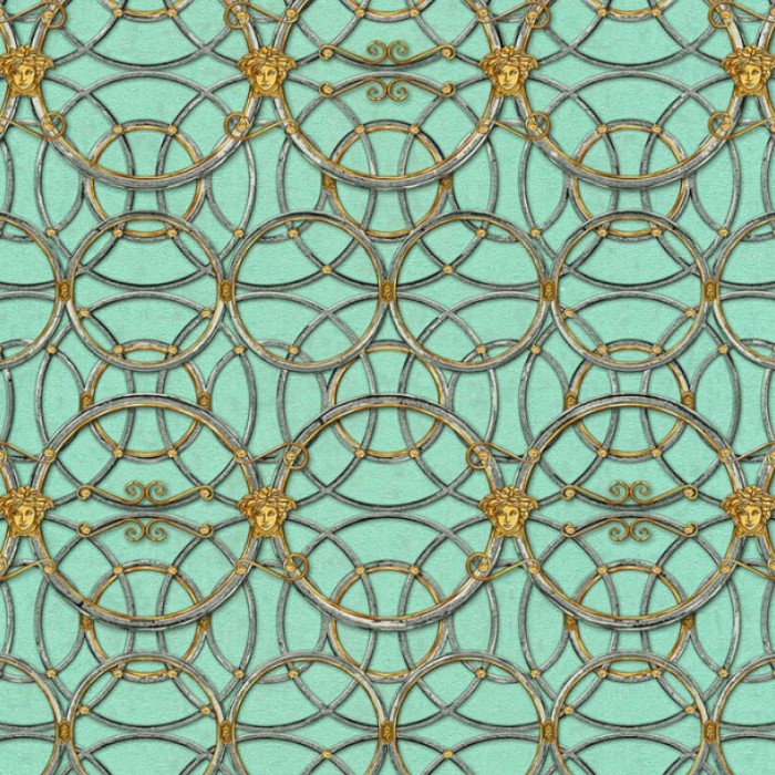 Papeldecor|Papel pintado metalizado círculos estilo clásico barroco verde y dorado|Papel Pintado