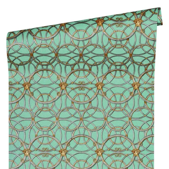 Papeldecor|Papel pintado metalizado círculos estilo clásico barroco verde y dorado|Papel Pintado
