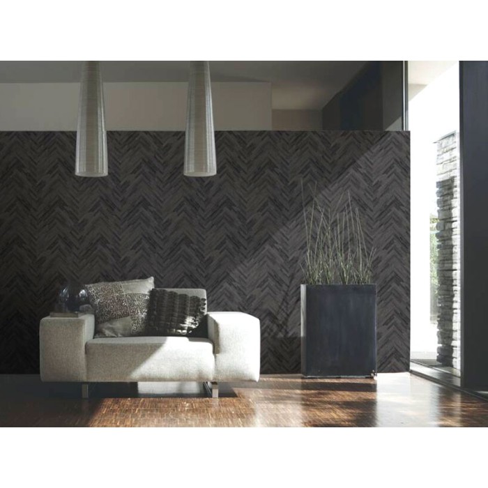 Papeldecor|Carved wood wallpaper in herringbone pattern, grey and black|Wood Imitation